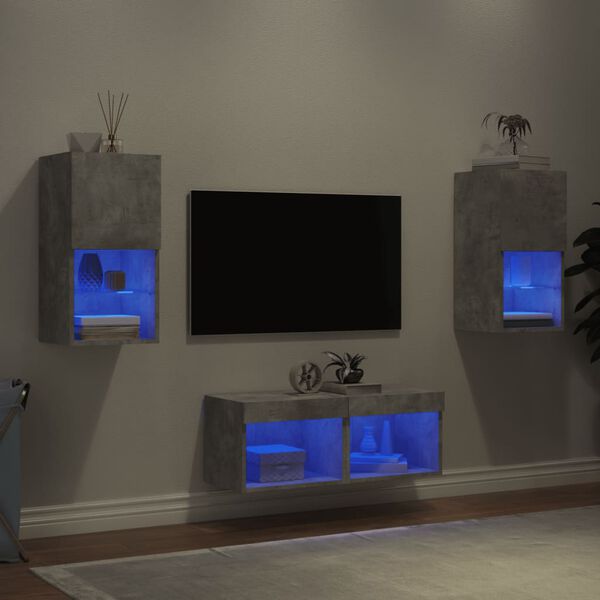 vidaXL Mobili TV a Muro 4pz con Luci LED Grigio Cemento