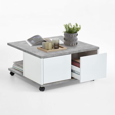 FMD Tavolino da Caffè con Ruote 70x70x35,5 cm Cemento e Bianco Lucido