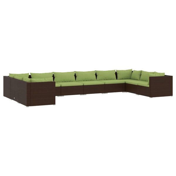 vidaXL Set Divani da Giardino 10 pz con Cuscini in Polyrattan Marrone