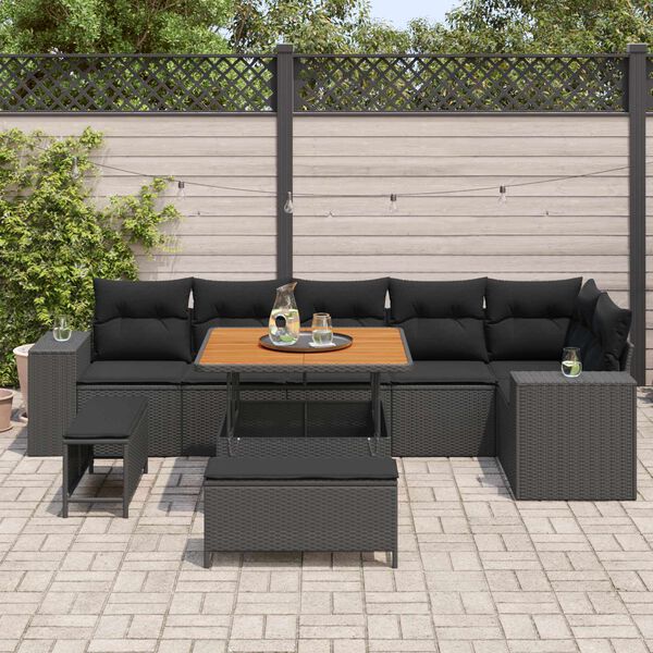 vidaXL Set Divano da Giardino con cuscino 9 pcs Nero polyrattan