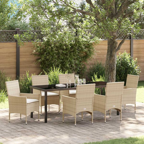 vidaXL Set da Pranzo per Giardino con cuscino 7 pcs Beige polyrattan