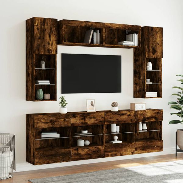 vidaXL Set Mobili TV a Muro 6 pz con Luci LED Rovere Fumo