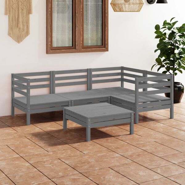 vidaXL Set Salotto da Giardino 5 pz in Legno Massello di Pino Grigio