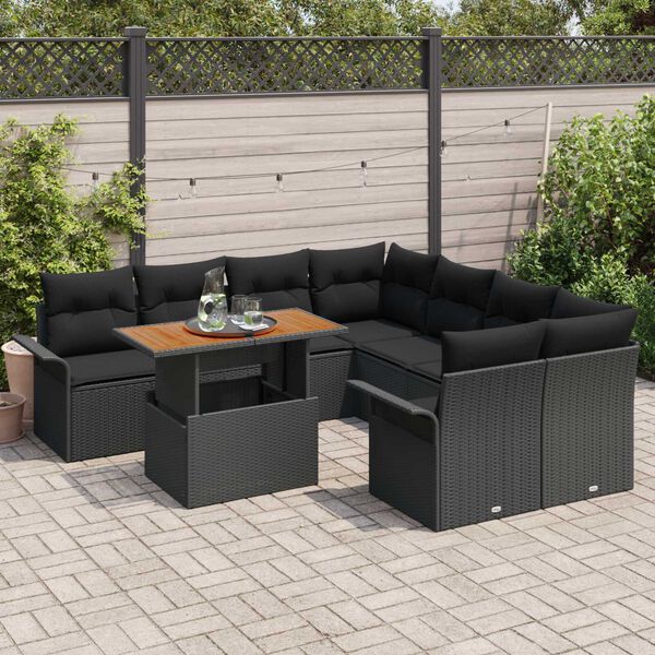 vidaXL Set Divano da Giardino con archiviazione 9 pcs Nero Poly Rattan