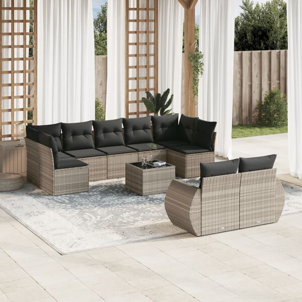 vidaXL Set Divano Giardino 10 pz con Cuscini Grigio Chiaro Polyrattan