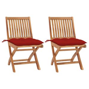 vidaXL Sedie pieghevoli, 2 pezzi, con cuscini rossi, in legno massello di teak.