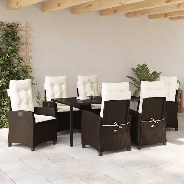 vidaXL Set da Pranzo per Giardino con cuscino 7 pcs Marrone polyrattan