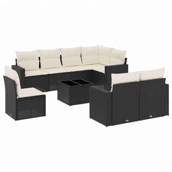 vidaXL Set Divani da Giardino 9 pz con Cuscini Nero in Polyrattan