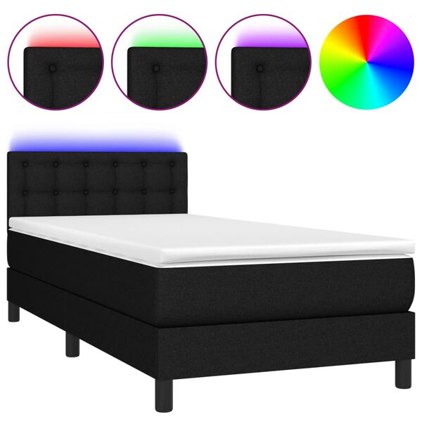 vidaXL Letto a Molle con Materasso e LED Nero 90x200 cm in Tessuto