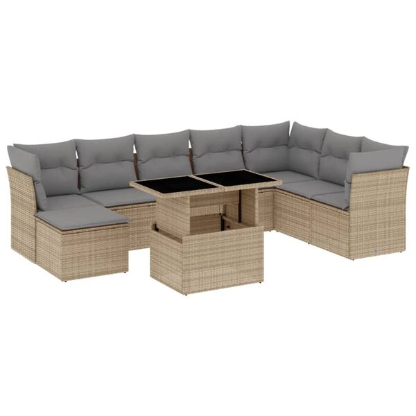 vidaXL Set Divano da Giardino 9 pz con Cuscini Beige in Polyrattan