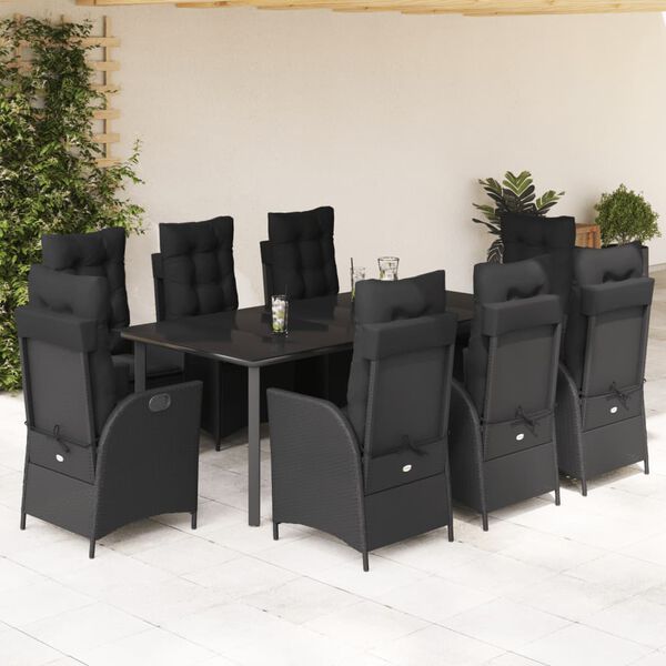 vidaXL Set da Pranzo da Giardino 9 pz con Cuscini Nero in Polyrattan