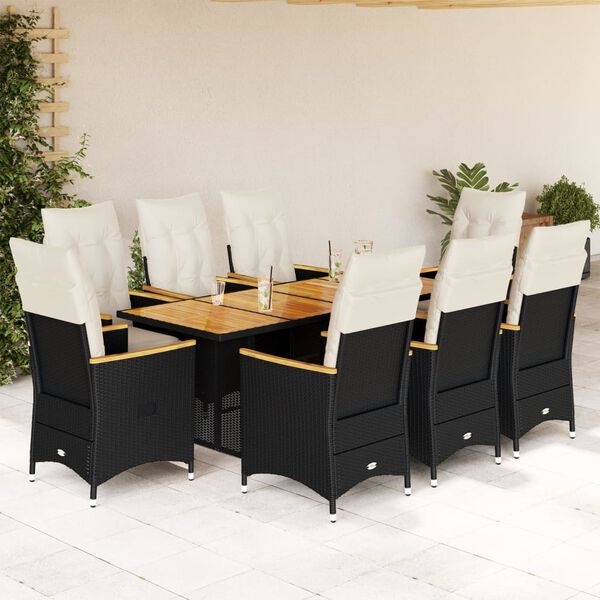vidaXL Set Bistr&ograve; da Giardino 9 pz con Cuscini in Polyrattan Nero