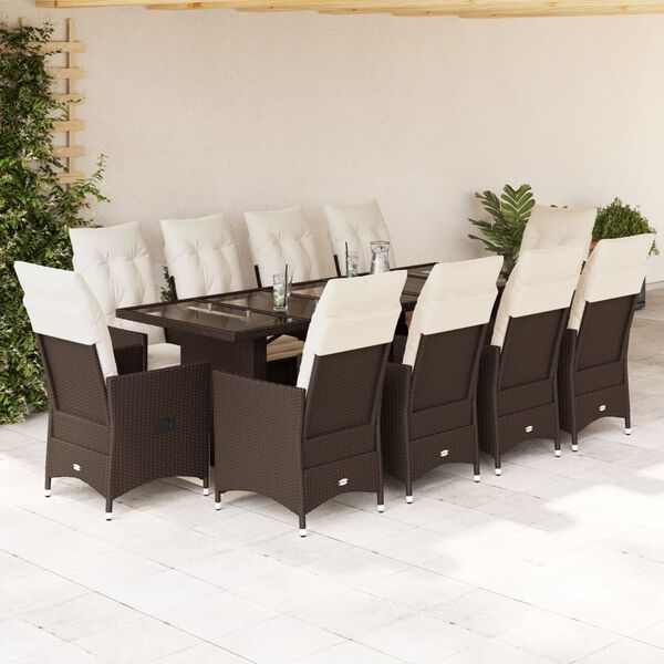 vidaXL Set Bistr&ograve; da Giardino 11 pz con Cuscini in Polyrattan Marrone