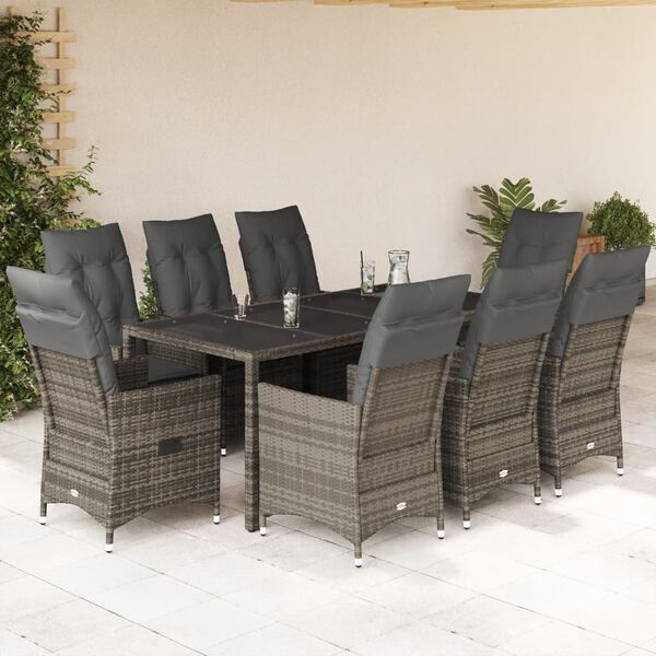 vidaXL Set da Pranzo da Giardino 9 pz con Cuscini in Polyrattan Grigio