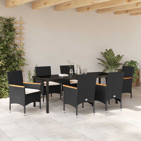 vidaXL Set da Pranzo per Giardino con cuscino 7 pcs Nero polyrattan