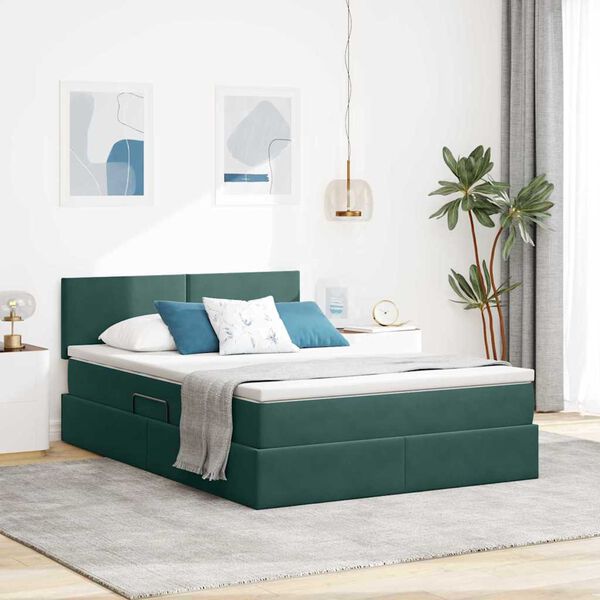 vidaXL Letto con contenitore e LED Verde Scuro 140 x 190 cm Velluto