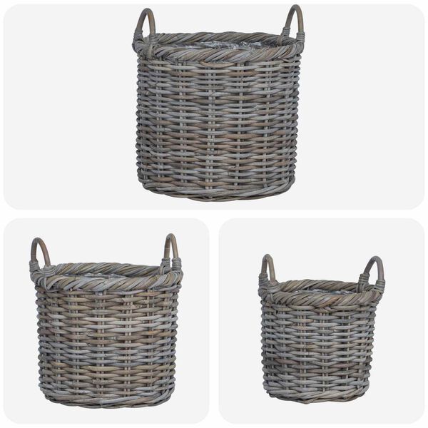 vidaXL Cesto per Piante 3 pcs Grigio Kubu Rattan Kubu