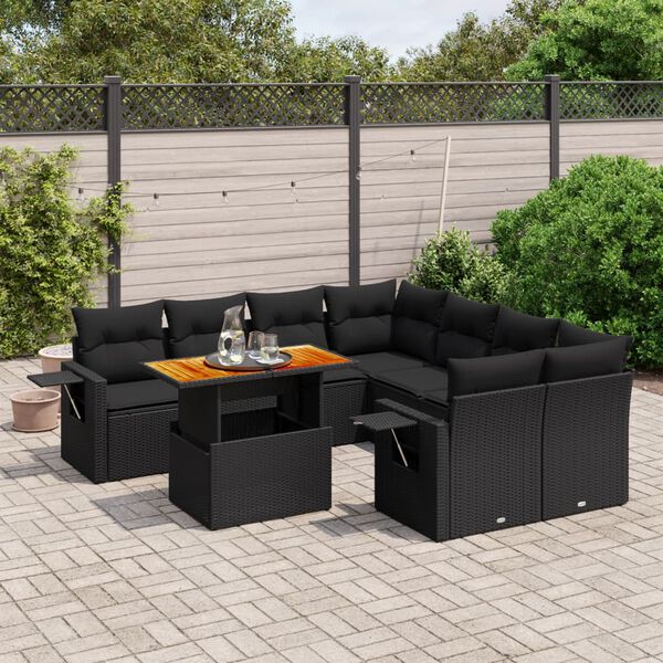 vidaXL Set Divani da Giardino 9 pz con Cuscini Nero in Polyrattan