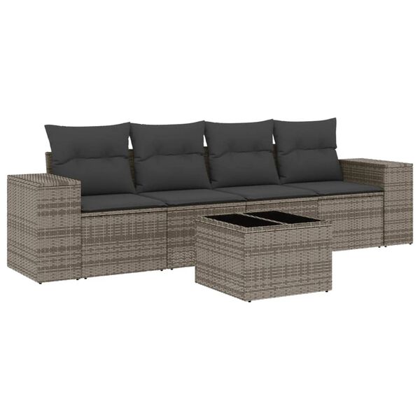 vidaXL Set Divano da Giardino 5 pz con Cuscini Grigio in Polyrattan