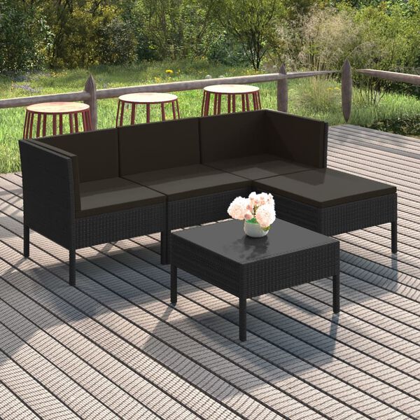 vidaXL Set Divani da Giardino 5 pz con Cuscini in Polyrattan Nero