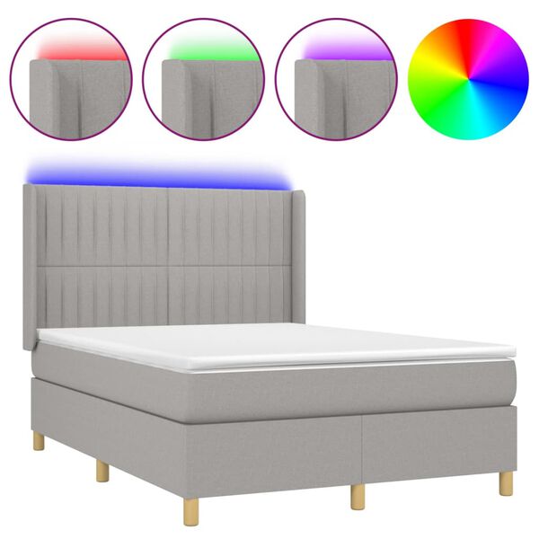 vidaXL Letto a Molle Materasso e LED Grigio Chiaro 140x190 cm Tessuto