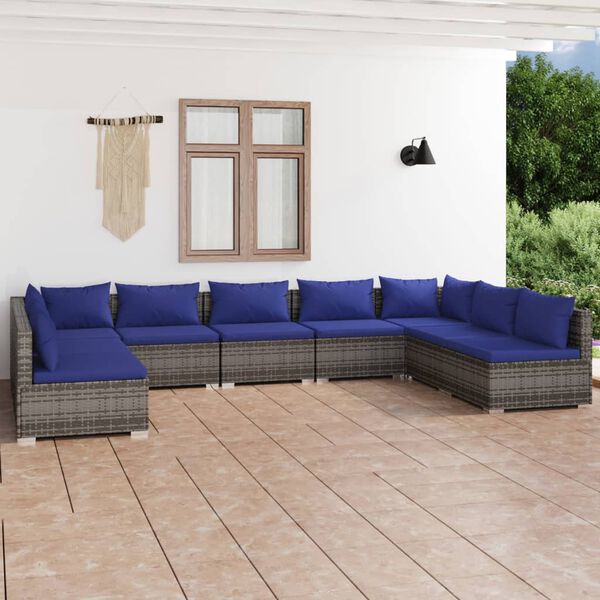 vidaXL Set Divani da Giardino 9 pz con Cuscini in Polyrattan Grigio