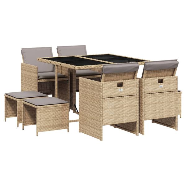 vidaXL Set Pranzo da Giardino 9 pz con Cuscini Beige Misto Polyrattan