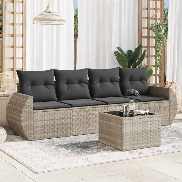 vidaXL Set Divano da Giardino 5pz con Cuscini Grigio Chiaro Polyrattan
