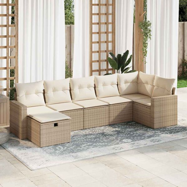 vidaXL Set Divani da Giardino 7 pz con Cuscini Beige in Polyrattan
