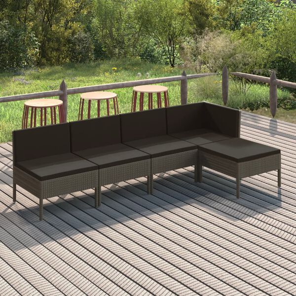 vidaXL Set Divani da Giardino 5 pz con Cuscini in Polyrattan Grigio