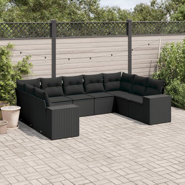 vidaXL Set Divani da Giardino 9 pz con Cuscini Nero in Polyrattan
