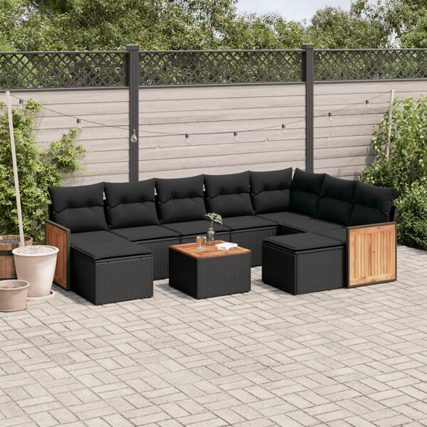 vidaXL Set Divani da Giardino 10pz con Cuscini in Polyrattan Nero