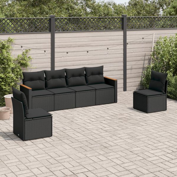 vidaXL Set Divano da Giardino 6 pz con Cuscini Nero in Polyrattan