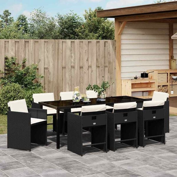 vidaXL Set da Pranzo per Giardino con cuscino 9 pcs Nero polyrattan