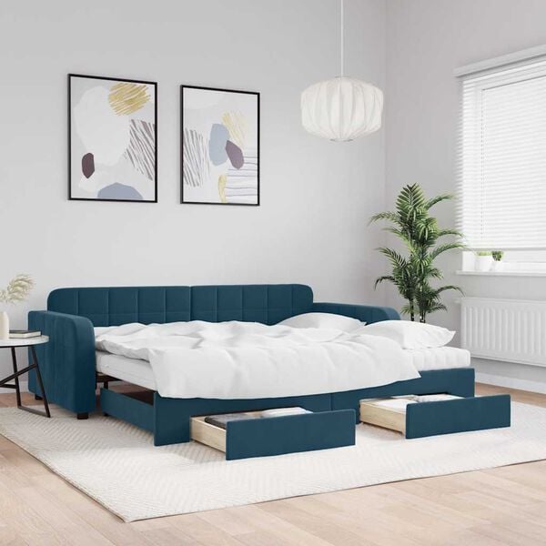 vidaXL Divano Letto Estraibile con Cassetti Blu 90x200 cm in Velluto
