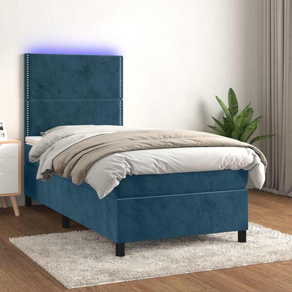 vidaXL Letto a Molle con Materasso e LED Blu Scuro 90x200cm in Velluto
