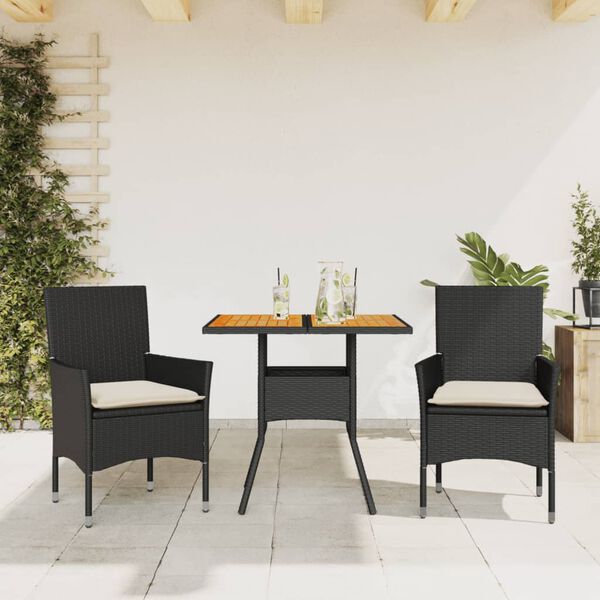 vidaXL Set Pranzo da Giardino 3 pz con Cuscini Nero Polyrattan Acacia