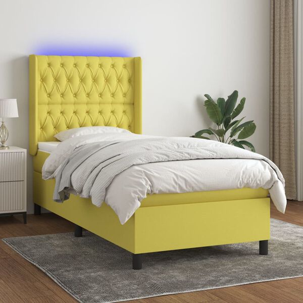 vidaXL Letto a Molle con Materasso e LED Verde 90x190 cm in Tessuto