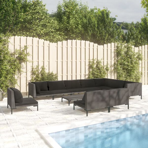 vidaXL Divani da Giardino 11 pz con Cuscini in Polyrattan Grigio Scuro