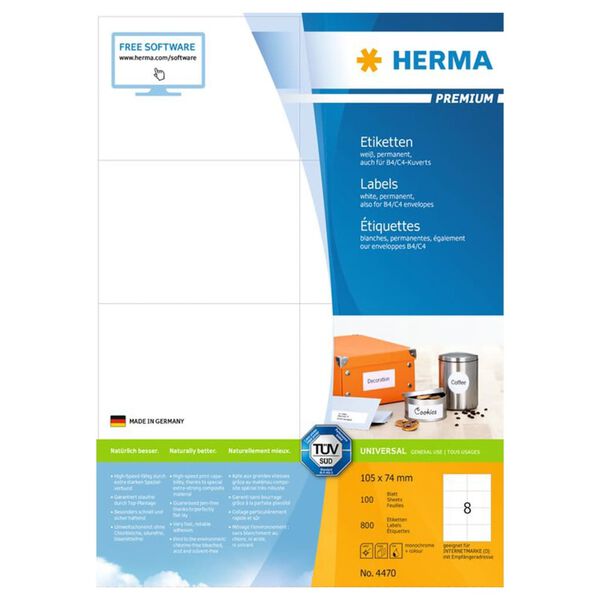 HERMA Etichette Permanenti PREMIUM A4 105x74 mm 100 Fogli