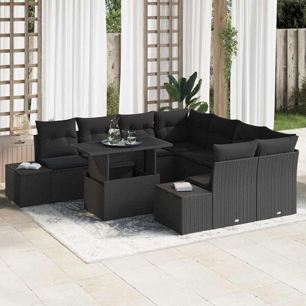 vidaXL Set Divano da Giardino con cuscino 9 pcs Nero polyrattan