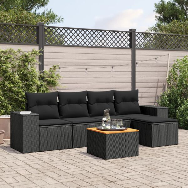 vidaXL Set Divano da Giardino 6 pz con Cuscini Nero in Polyrattan