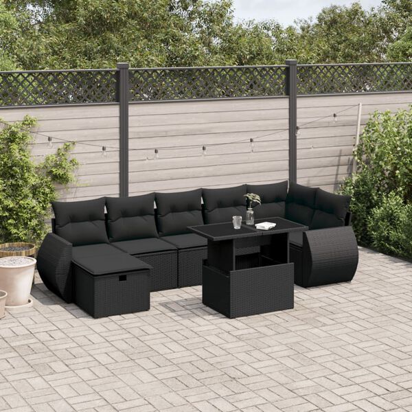 vidaXL Set Divani da Giardino con Cuscini 8 pz Nero in Polyrattan