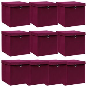 vidaXL Scatole con Coperchi 10 pz Rosso Scuro 32x32x32 cm Tessuto