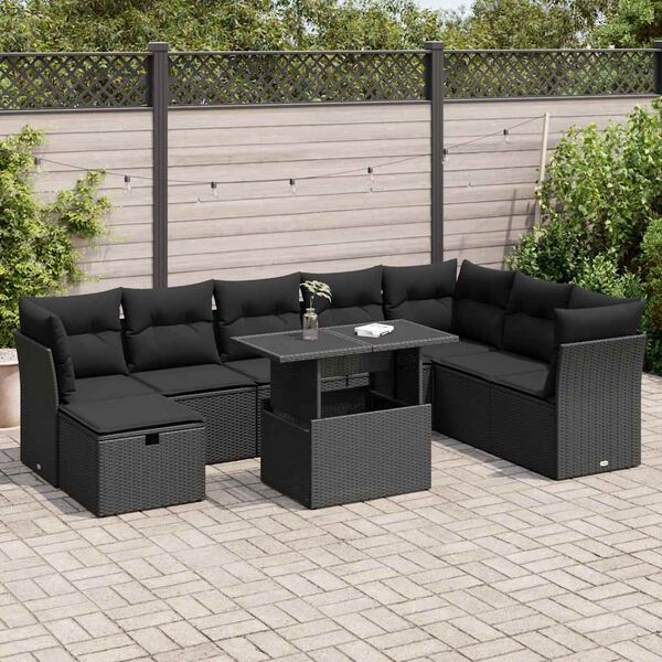 vidaXL Set Divani da Giardino 9 pz con Cuscini Nero in Polyrattan
