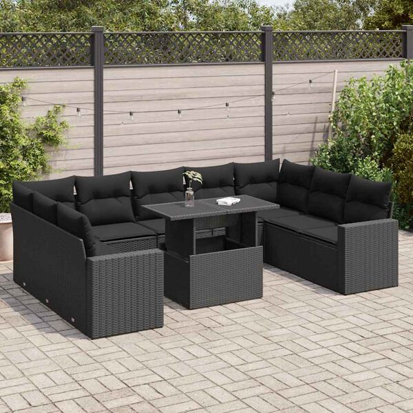 vidaXL Set Divani da Giardino 10pz con Cuscini in Polyrattan Nero