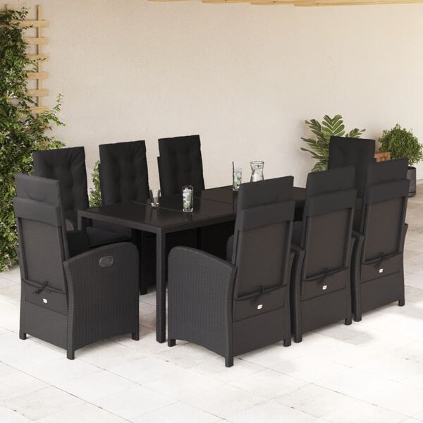 vidaXL Set da Pranzo da Giardino 9 pz con Cuscini Nero in Polyrattan