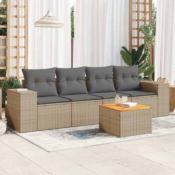 vidaXL Set Divano da Giardino 5 pz con Cuscini Beige in Polyrattan