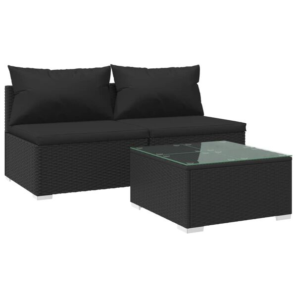 vidaXL Set Divani da Giardino 3 pz con Cuscini in Polyrattan Nero