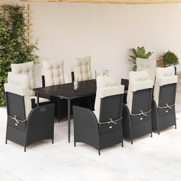 vidaXL Set da Pranzo da Giardino 9 pz con Cuscini Nero in Polyrattan